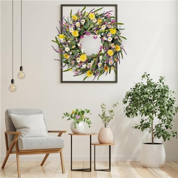 Daisy and Lavender Wreath 22’’ Wildflower Spring Summer Artificial - Picture 5 of 7